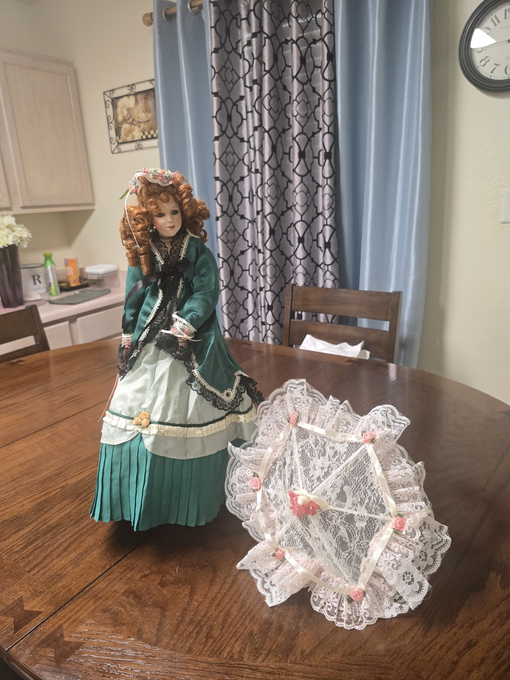 Victorian-Style Doll in Green with Lace Parasol